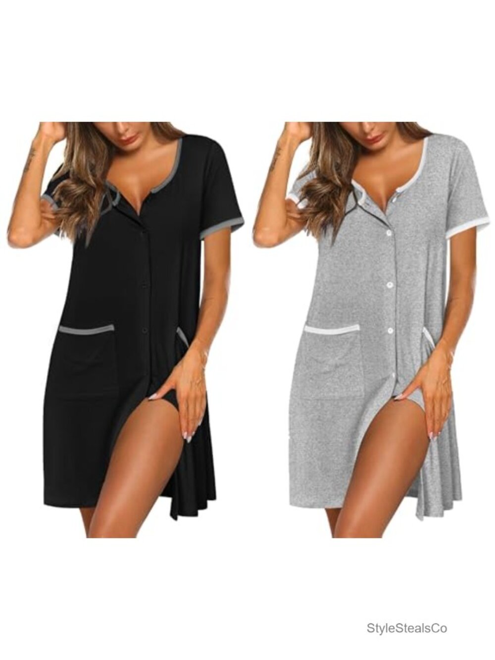 2 Pack Button Down Sleep Shirts Nightgown Short Sleeve House Dress with Pockets
